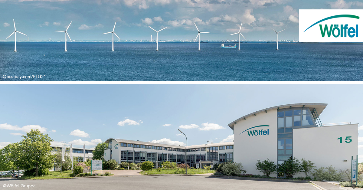 Firmengebäude der Wölfel Gruppe und Windpark im Meer